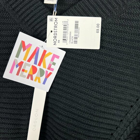 NWT Caslon Cable Knit Sleeve V-Neck Ribbed Sweater In Black Size XS NEW - Picture 6 of 10